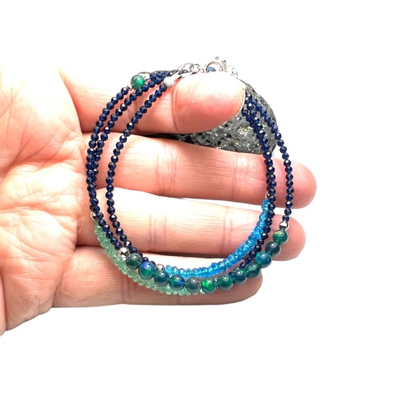 Solid 14K White Gold  Natural Emerald Black Opal Sapphire Wrap Bracelet Necklace - Picture 4 of 7